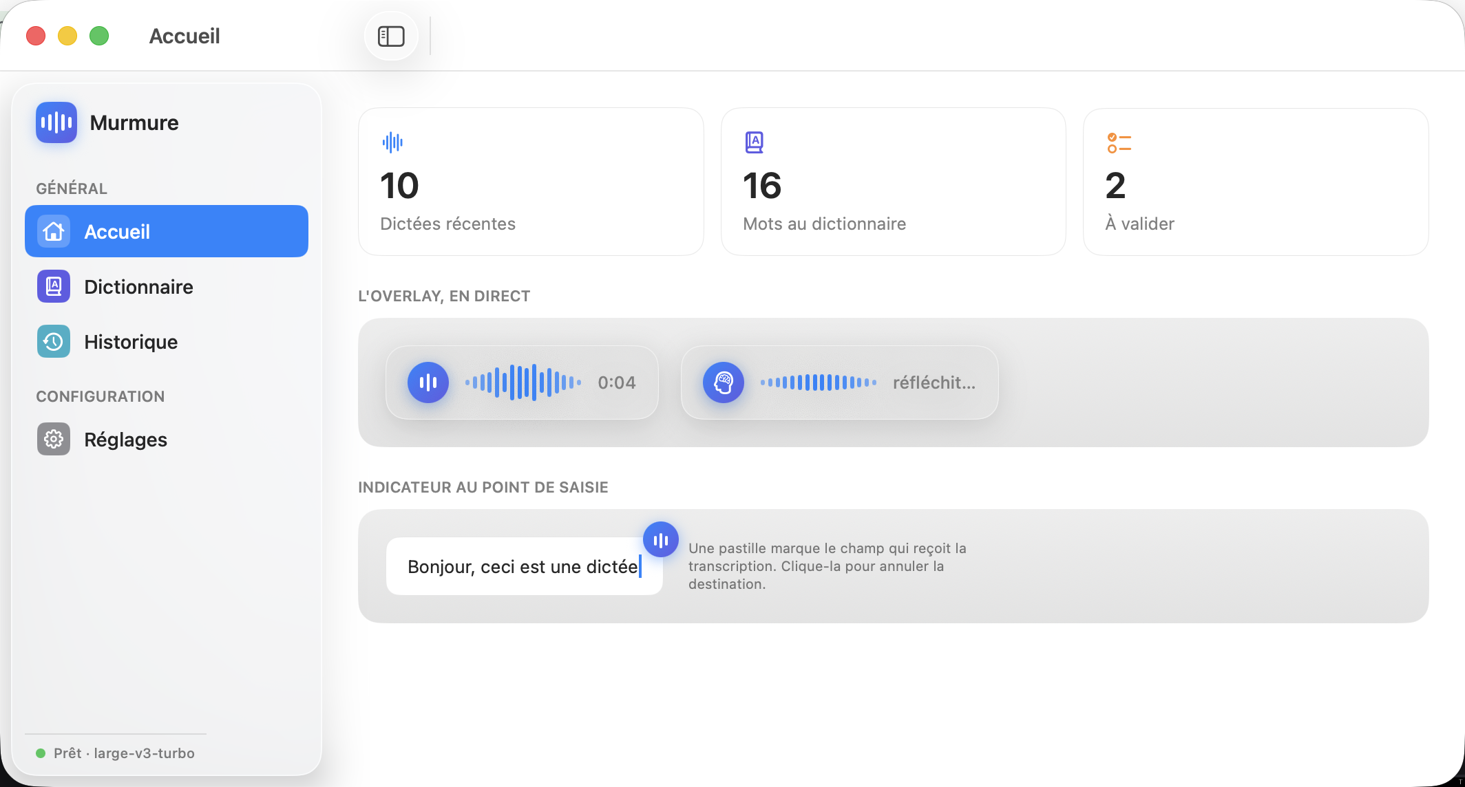 Murmure main window: sidebar (Home, Dictionary, History, Settings), stats, and a live overlay preview