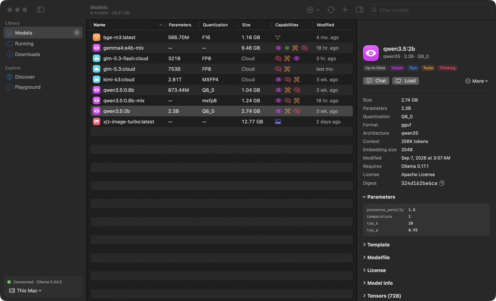 The Models page in dark appearance